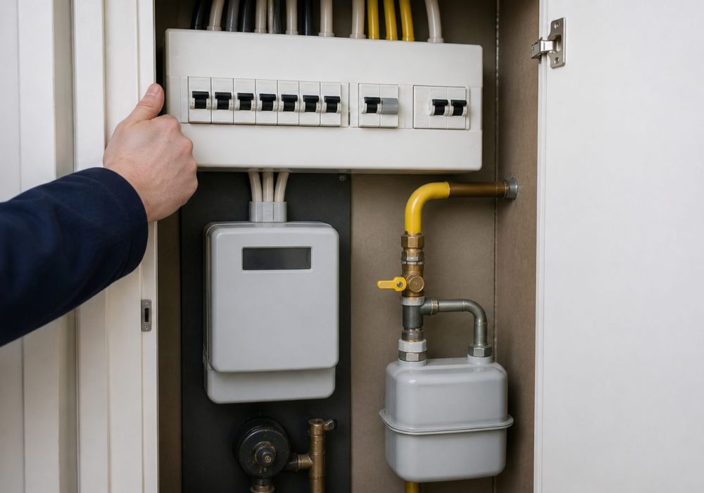Open meterkast met groepenkast, gasmeter en kWh-meter